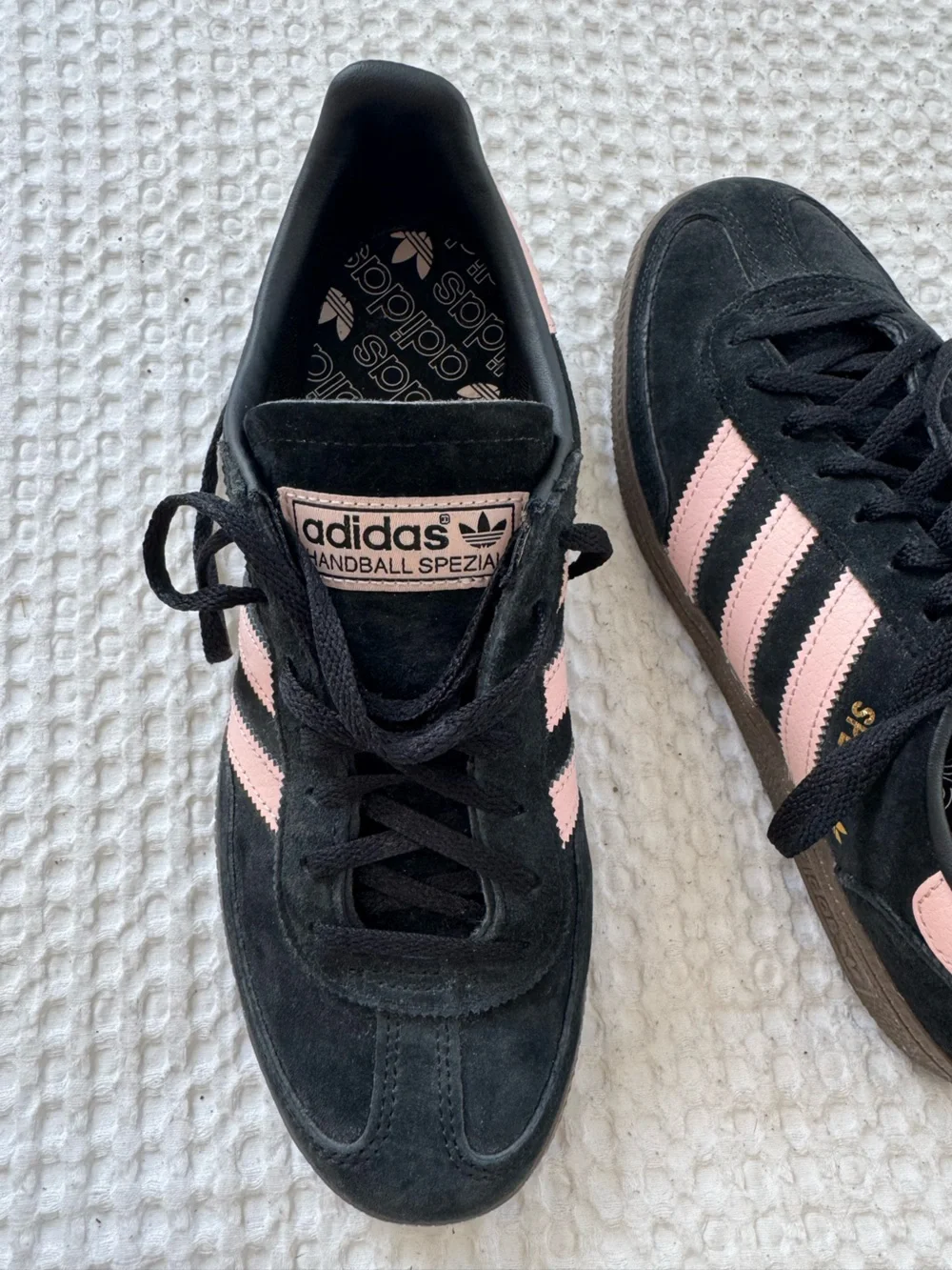 adidas Women’s Black Suede Sneakers with Pink Stripes
